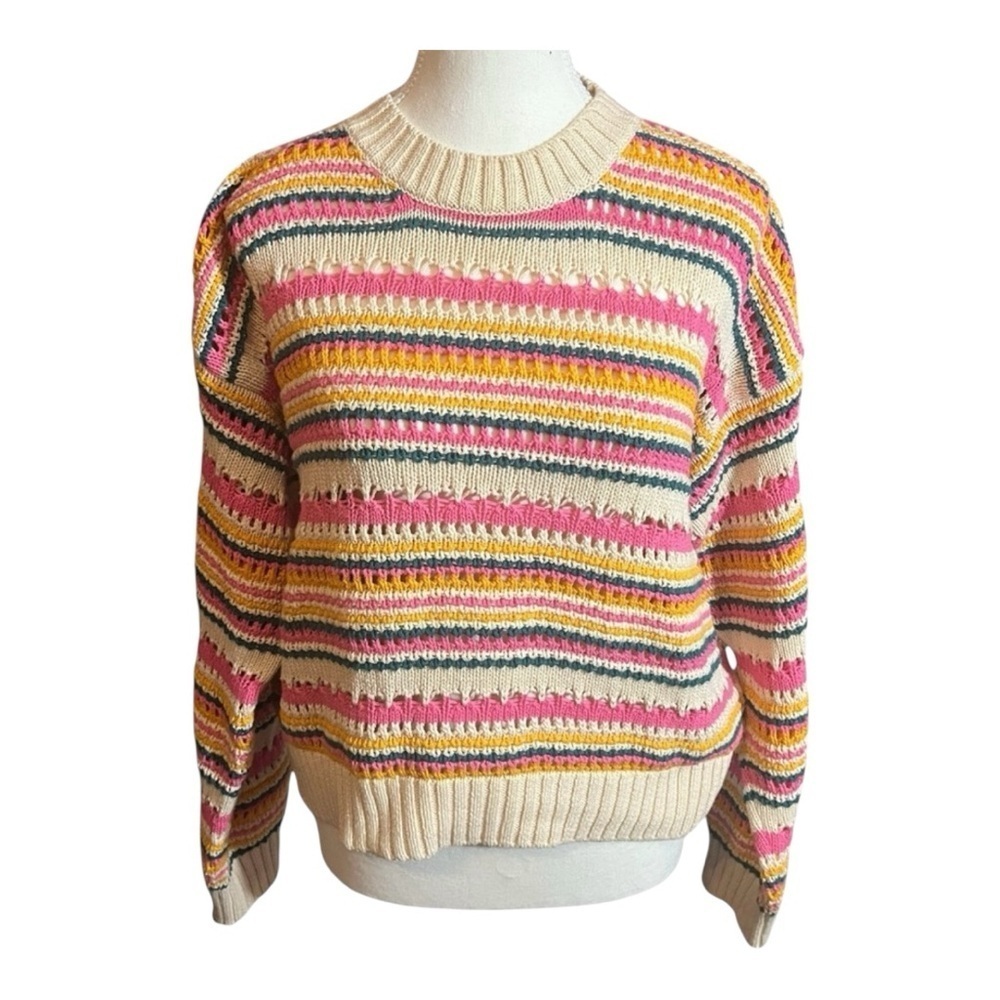 Zara Pink and Yellow Crew Neck Sweater with Vintage Stripes